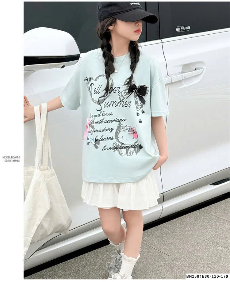 ÁO THUN KITTY NƠ MIX CHÂN VÁY TRẮNG