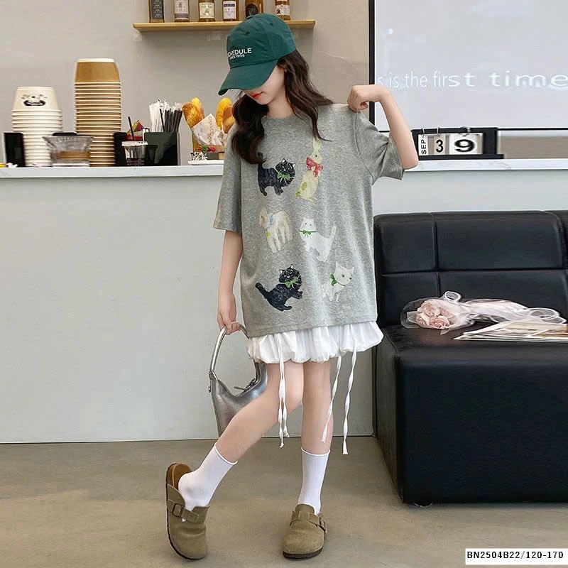 ÁO THUN IN MÈO THỎ MIX QUẦN VÁY TRẮNG