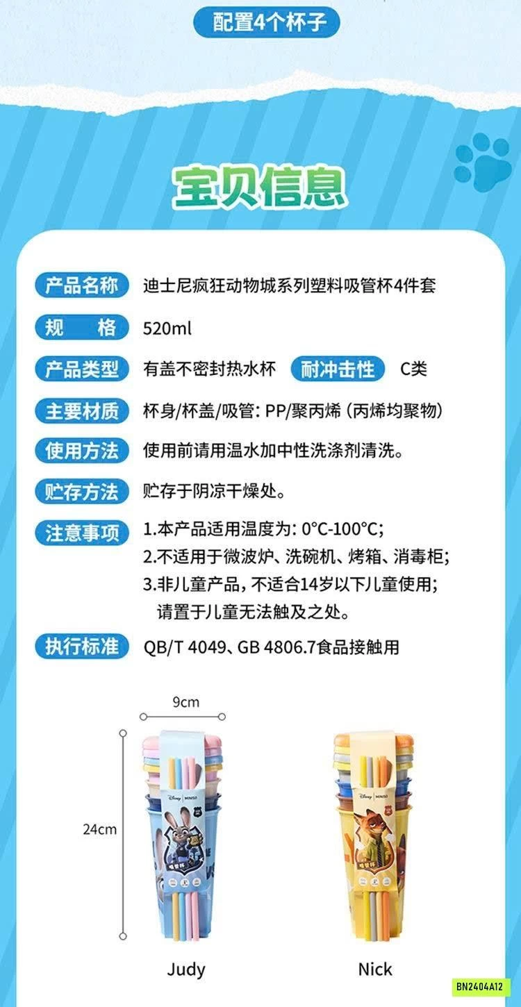 BỘ 4 CỐC NHỰA CÓ ỐNG HÚT DISNEY ZOOTOPIA