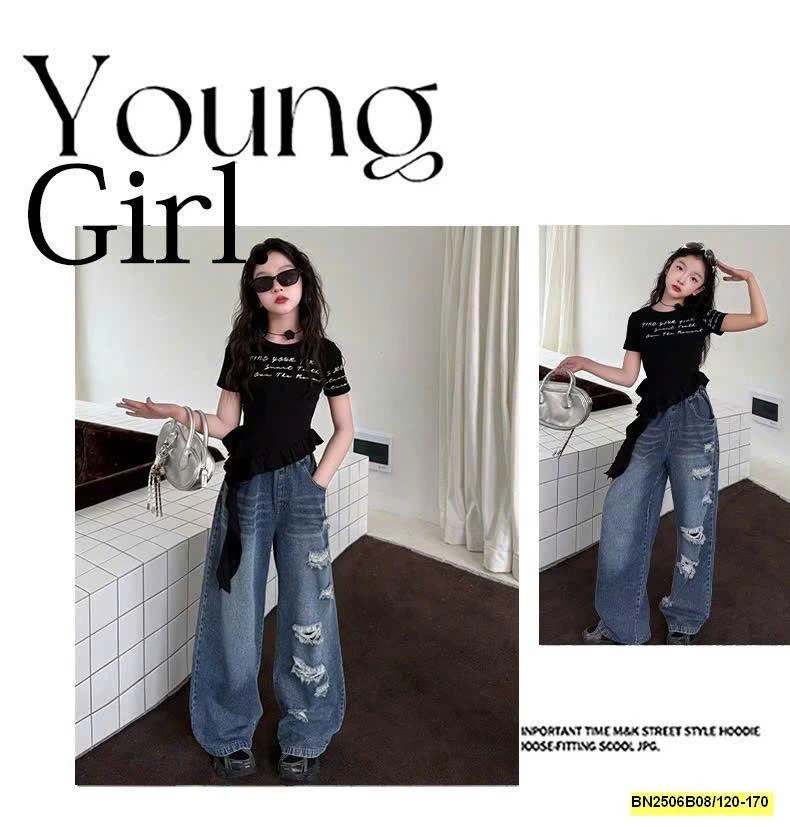 ÁO CỘC TAY VIỀN BÈO PHỐI QUẦN JEAN SUÔNG RÁCH