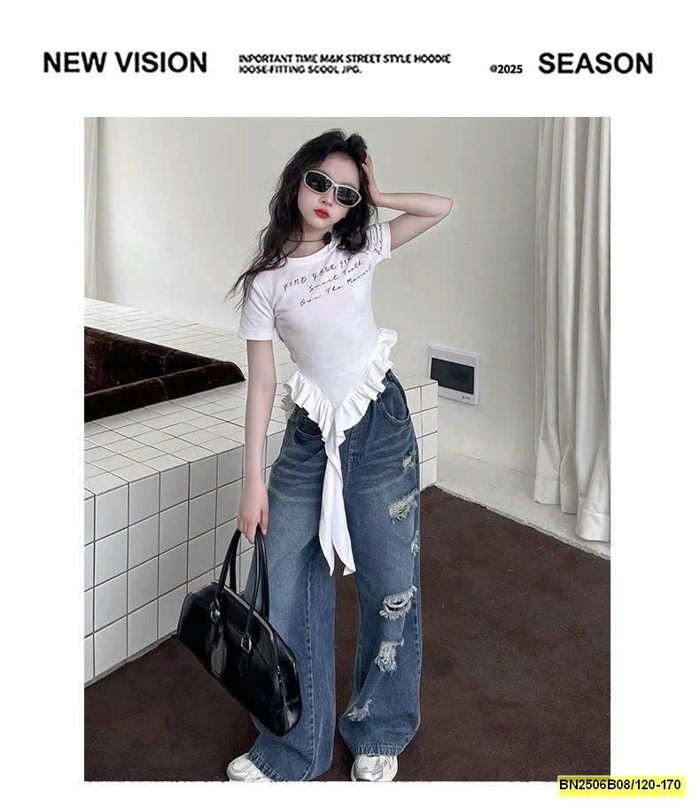 ÁO CỘC TAY VIỀN BÈO PHỐI QUẦN JEAN SUÔNG RÁCH