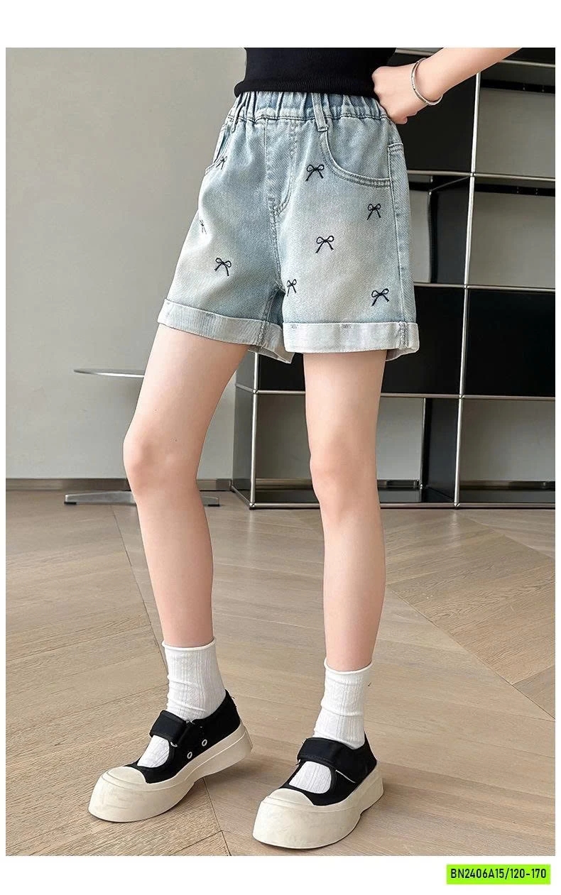 SHORT JEANS GẤP GẤU THÊU NƠ