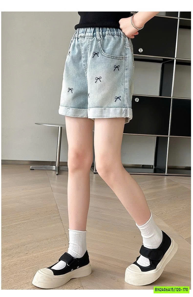 SHORT JEANS GẤP GẤU THÊU NƠ