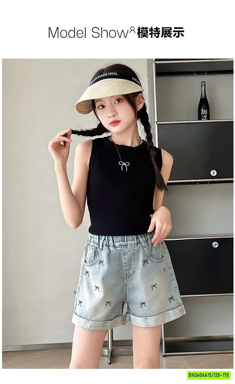 SHORT JEANS GẤP GẤU THÊU NƠ