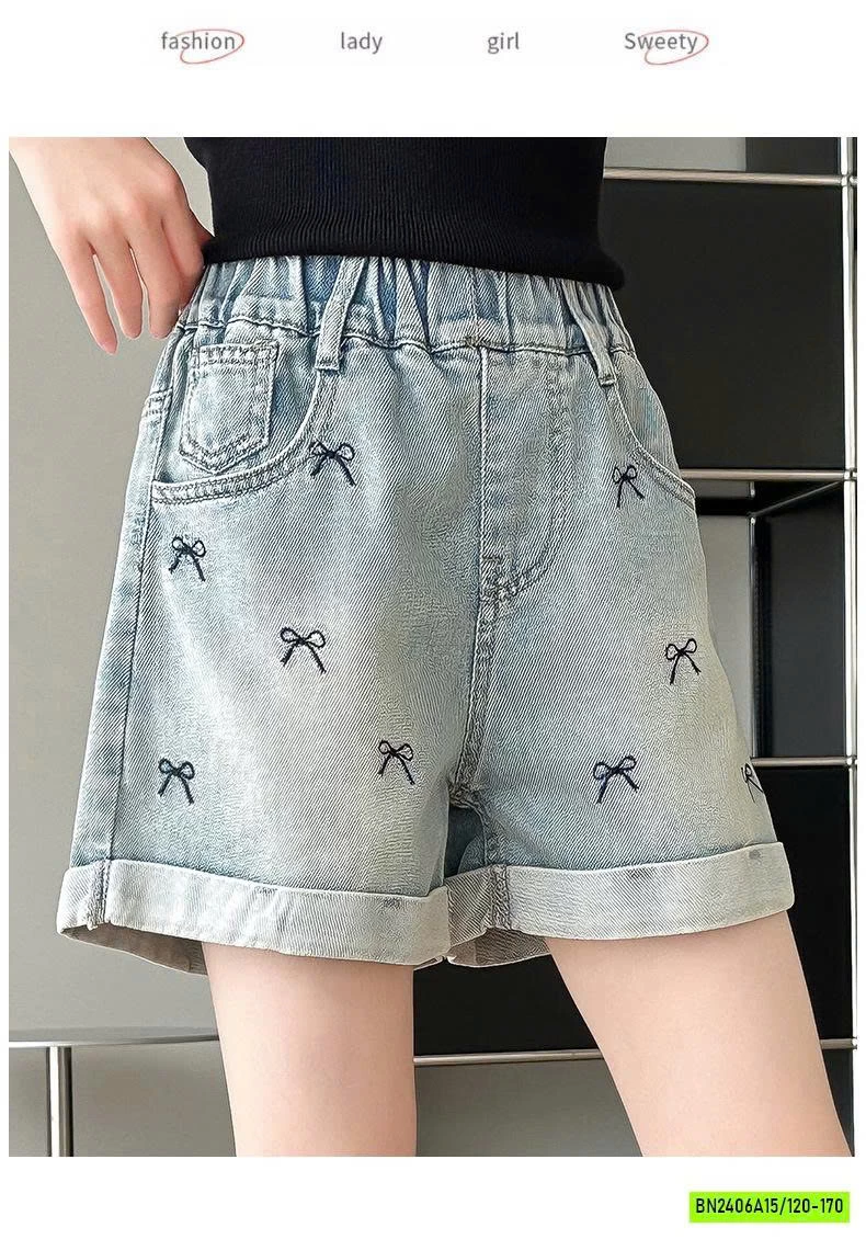 SHORT JEANS GẤP GẤU THÊU NƠ