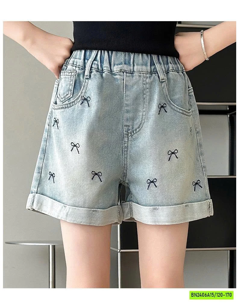 SHORT JEANS GẤP GẤU THÊU NƠ