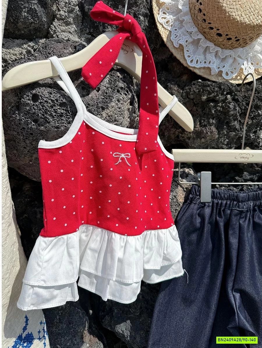 ÁO 2 DÂY CHẤM BI MIX JEANS TENCEL