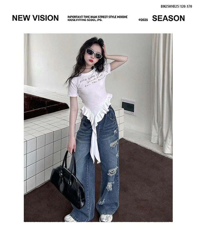 SÉT ÁO THUN MỎNG VIỀN BÈO MIX QUẦN JEAN RÁCH