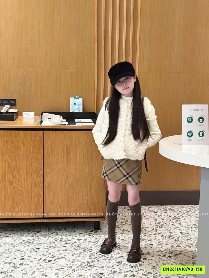 CHÂN VÁY DẠ CARO NÂU T&Q KIDS