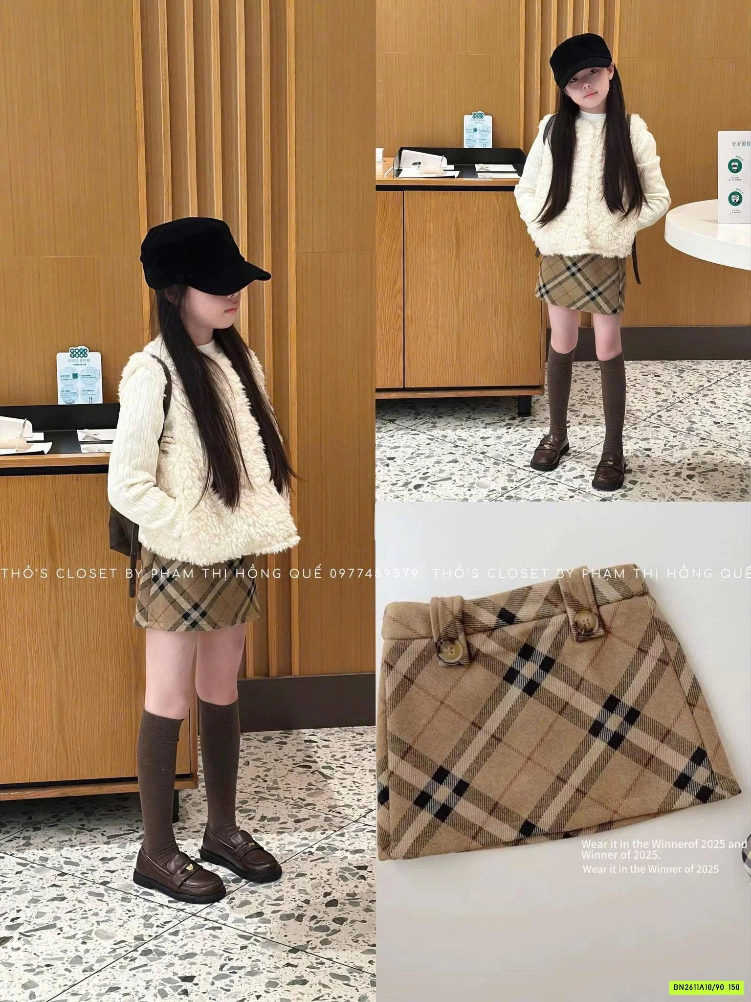 CHÂN VÁY DẠ CARO NÂU T&Q KIDS