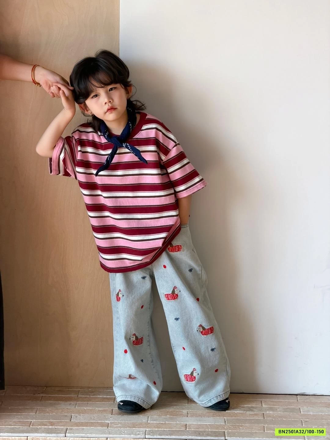 ÁO THUN KẺ MIX JEANS THÊU CÚN