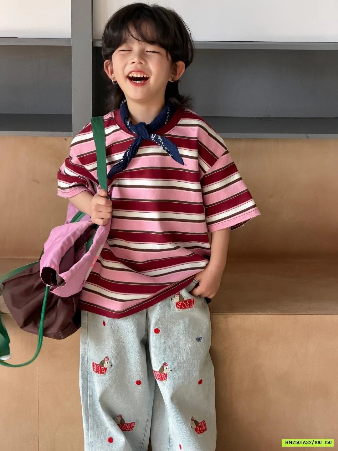 ÁO THUN KẺ MIX JEANS THÊU CÚN