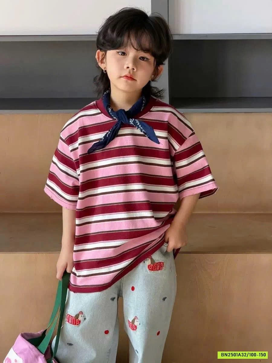 ÁO THUN KẺ MIX JEANS THÊU CÚN