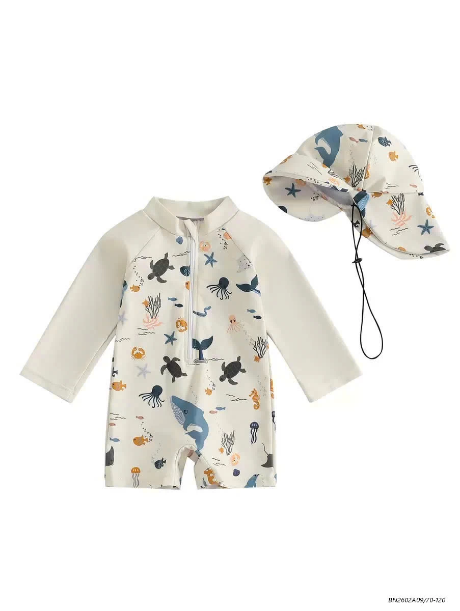 BỘ BƠI DÀI TAY KÈM MŨ CHO BÉ