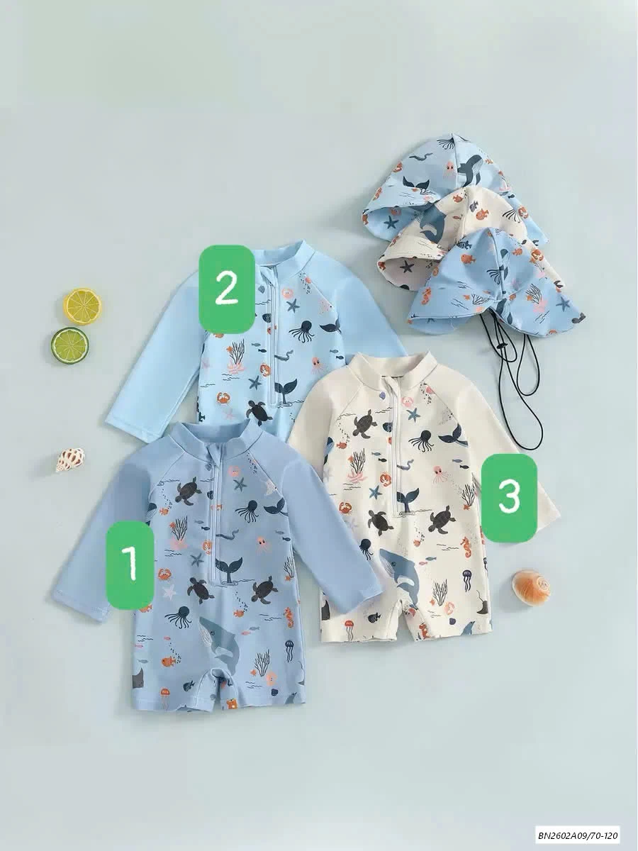 BỘ BƠI DÀI TAY KÈM MŨ CHO BÉ