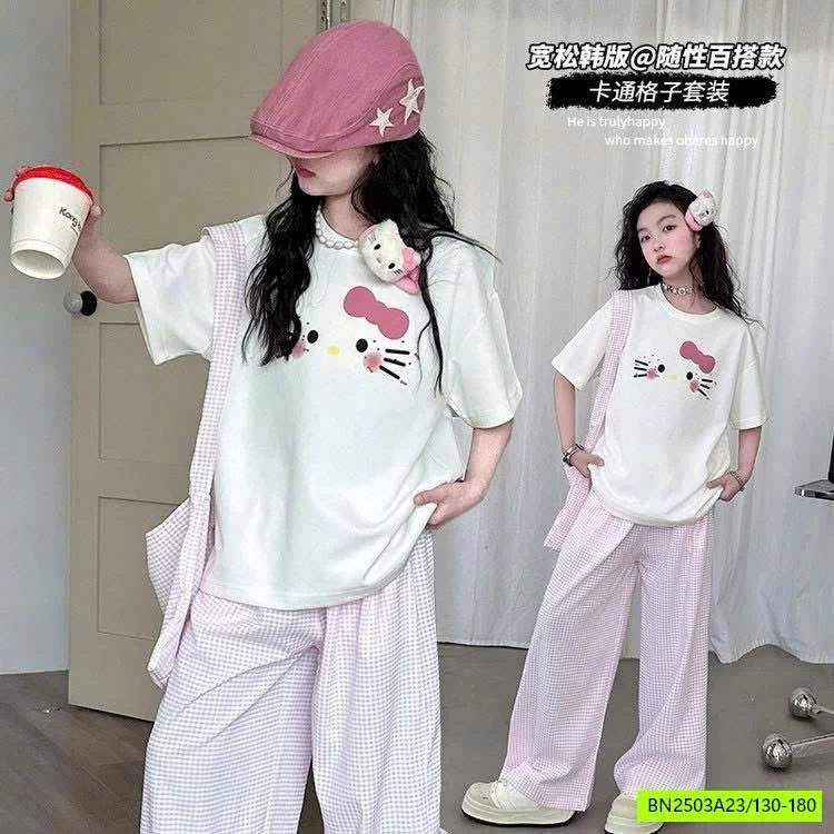 SET ÁO THUN KITTY MIX QUẦN KẺ HỒNG