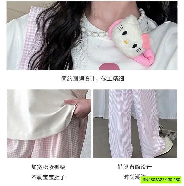 SET ÁO THUN KITTY MIX QUẦN KẺ HỒNG