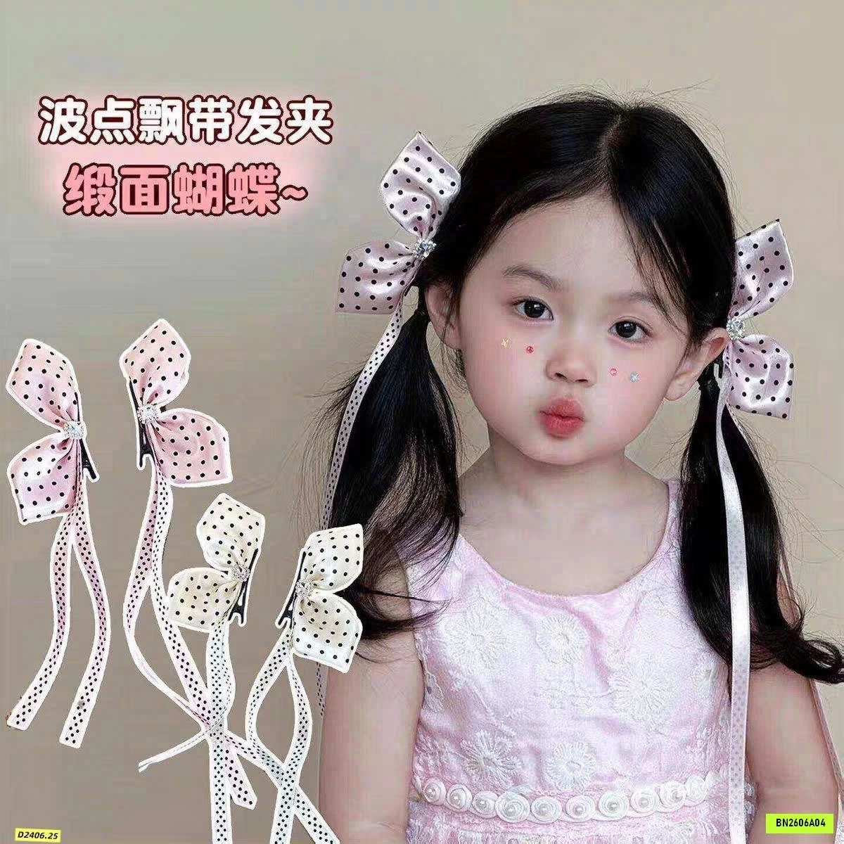 SÉT 2 CẶP KẸP TÓC NƠ CHẤM BI