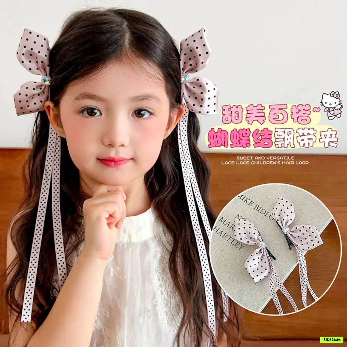 SÉT 2 CẶP KẸP TÓC NƠ CHẤM BI