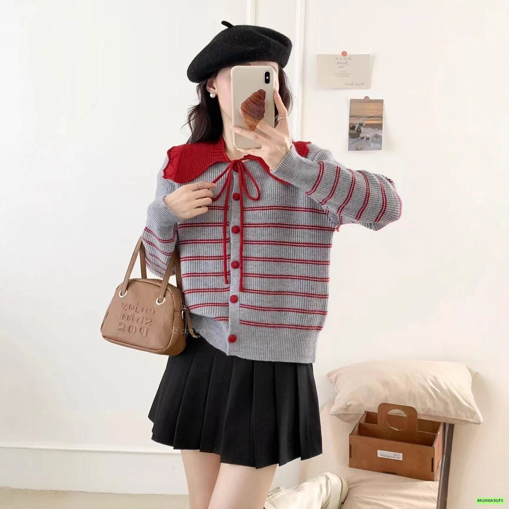 CARDIGAN LEN KẺ PHỐI MÀU CỔ