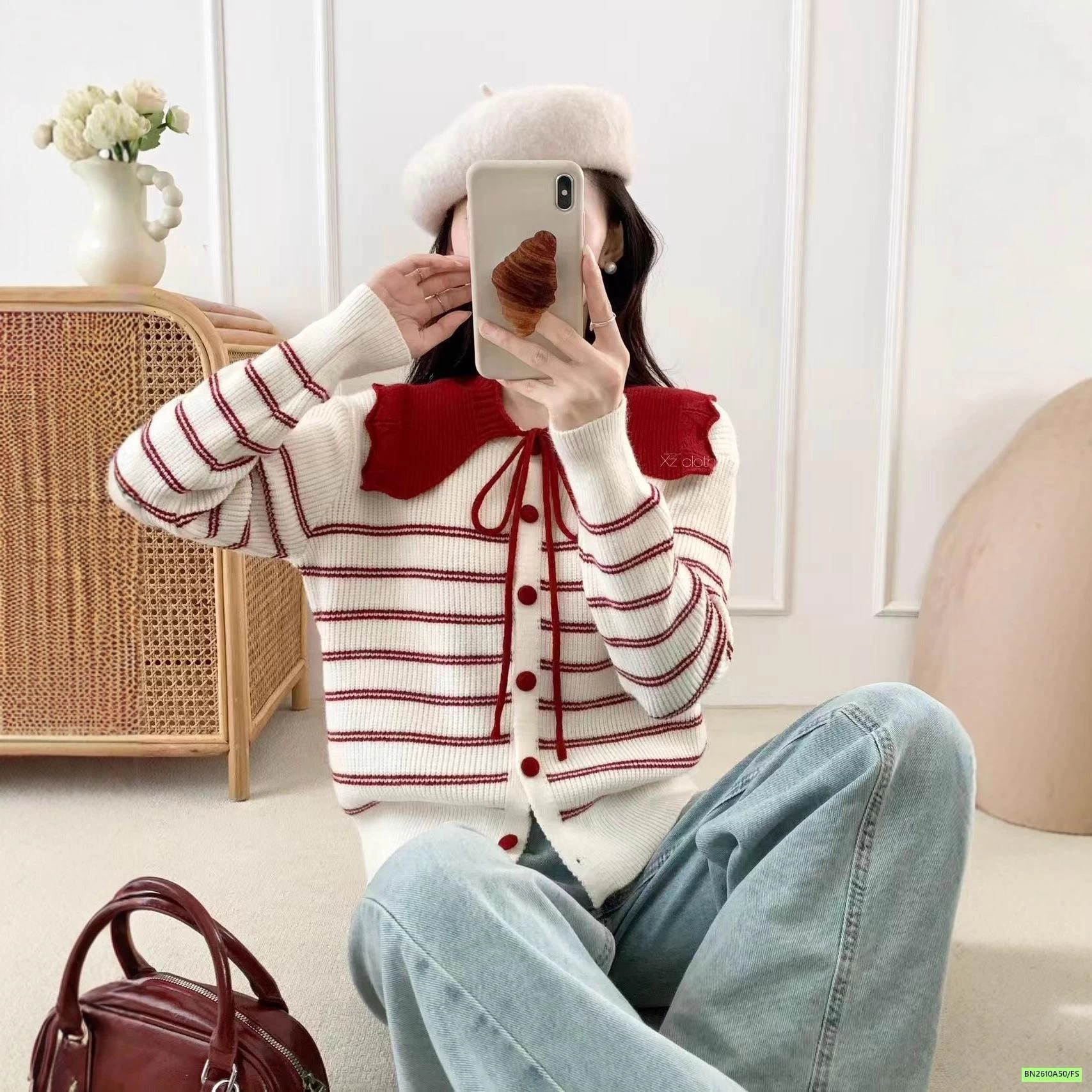 CARDIGAN LEN KẺ PHỐI MÀU CỔ