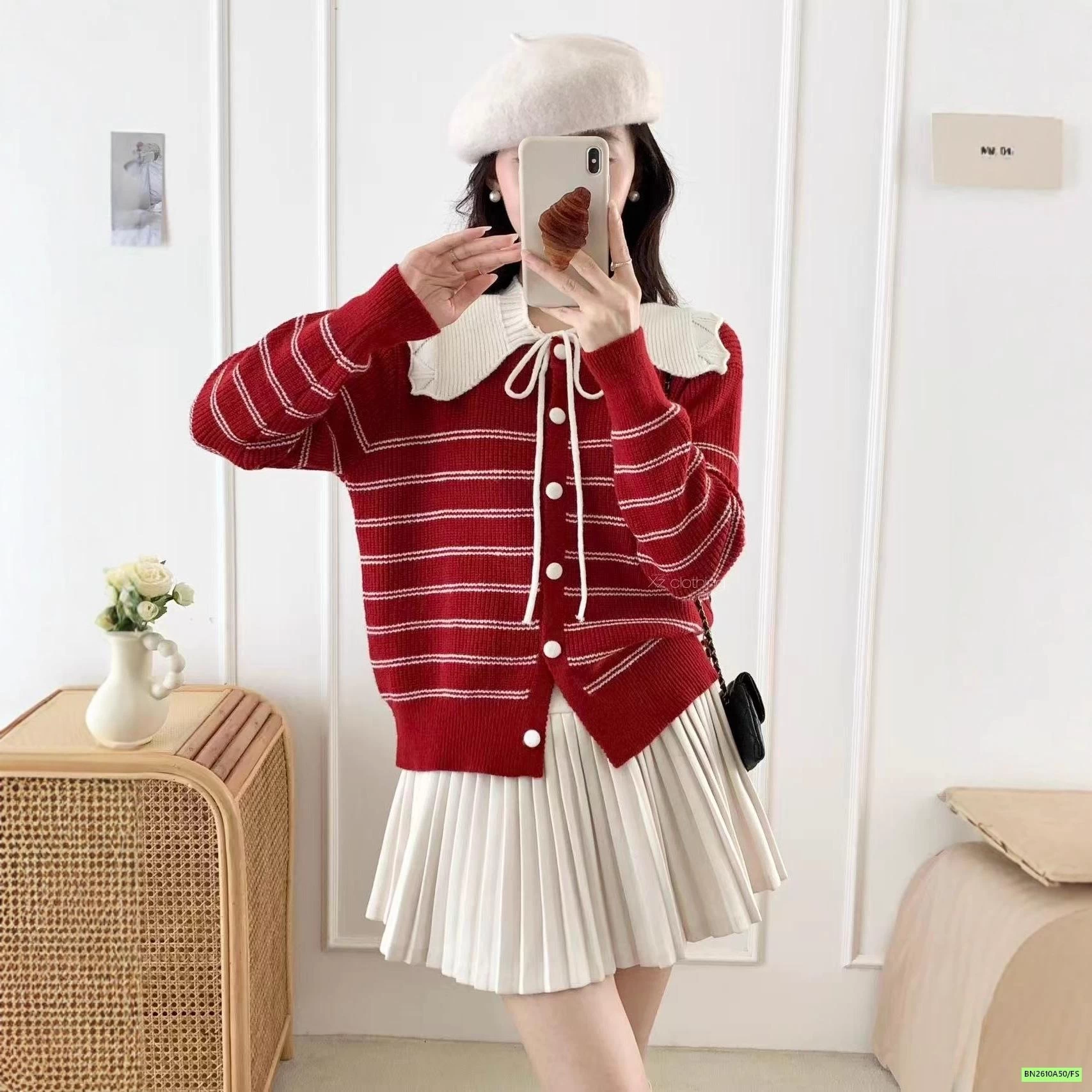 CARDIGAN LEN KẺ PHỐI MÀU CỔ