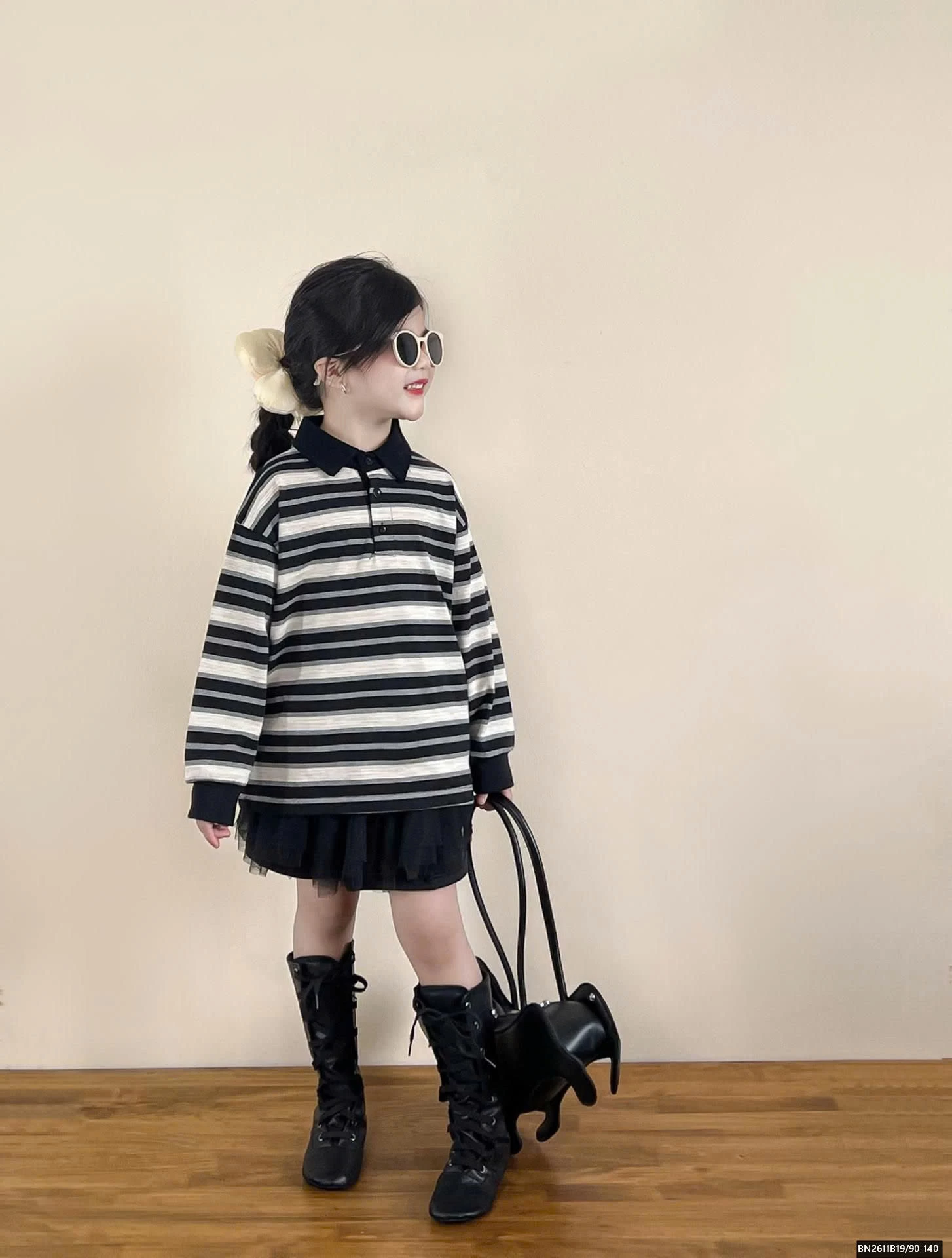 ÁO THUN KẺ POLO MIX CHÂN VÁY TUTU ĐEN