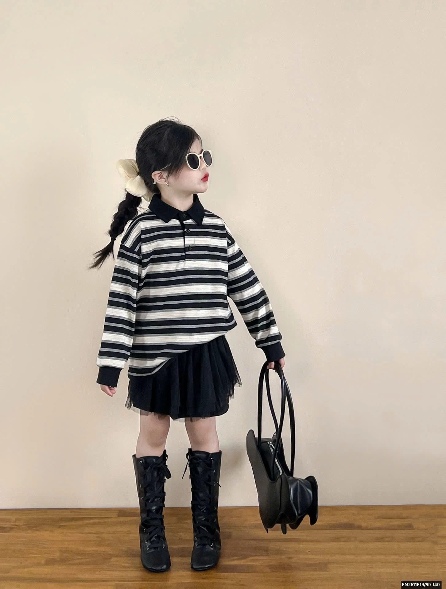 ÁO THUN KẺ POLO MIX CHÂN VÁY TUTU ĐEN