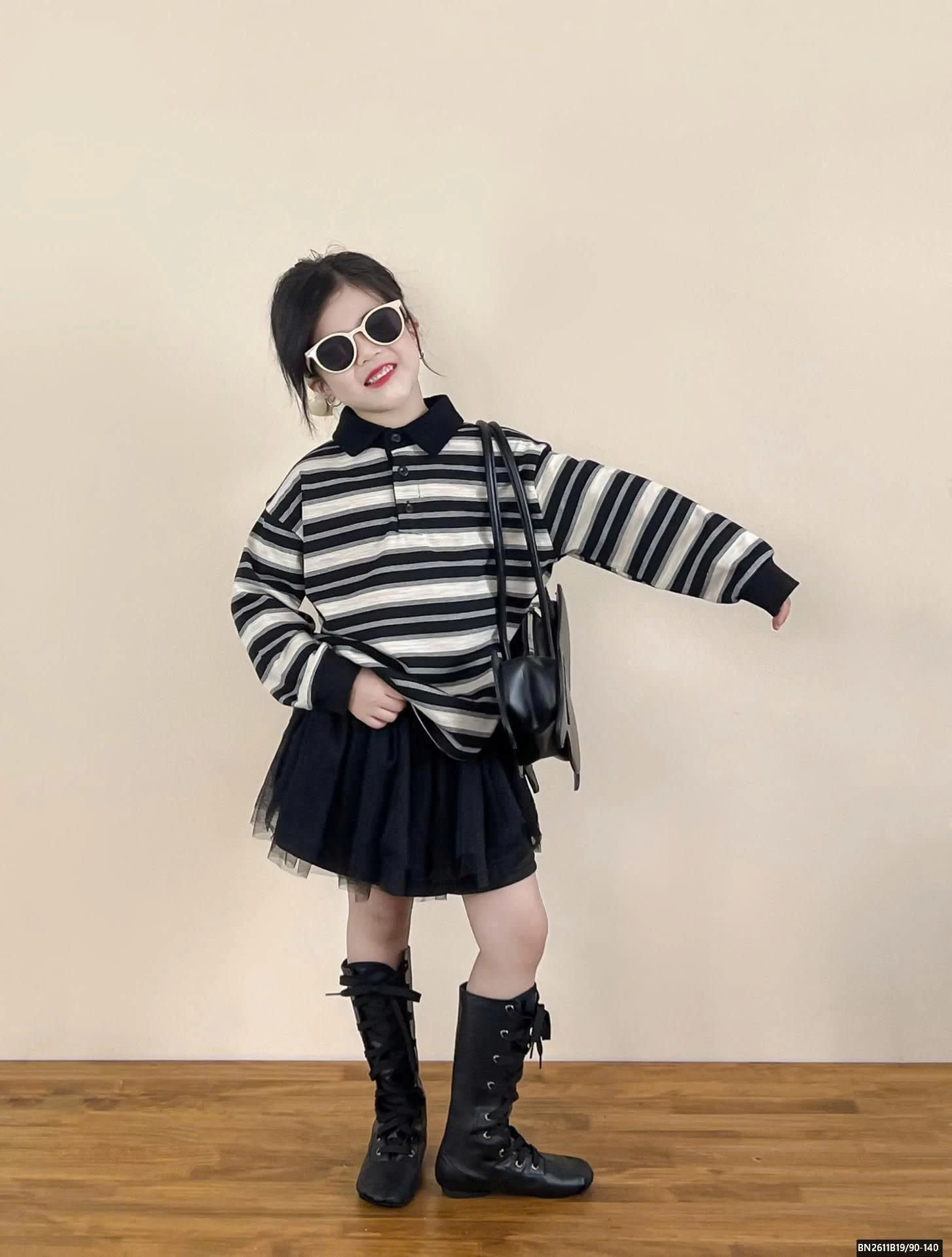 ÁO THUN KẺ POLO MIX CHÂN VÁY TUTU ĐEN