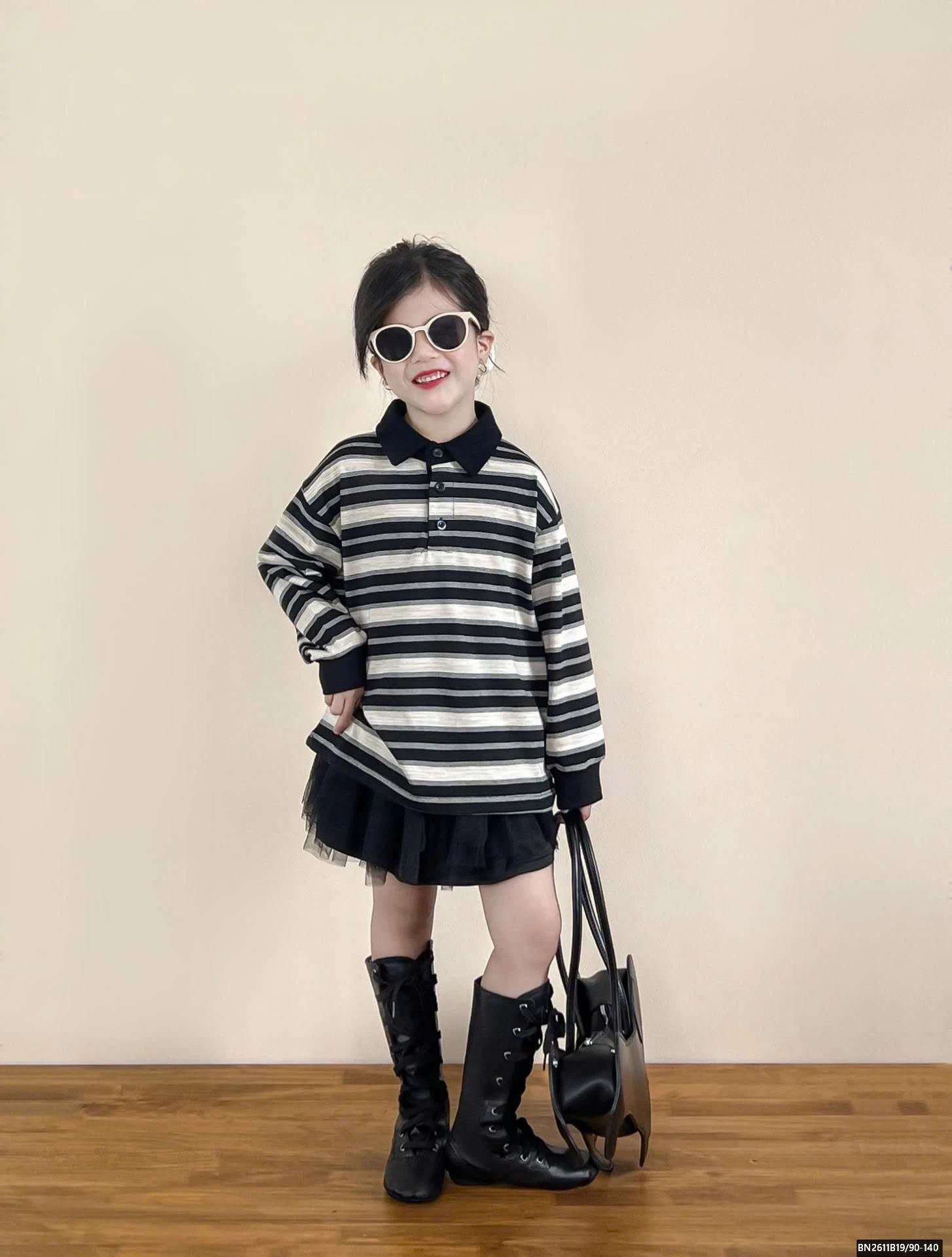 ÁO THUN KẺ POLO MIX CHÂN VÁY TUTU ĐEN