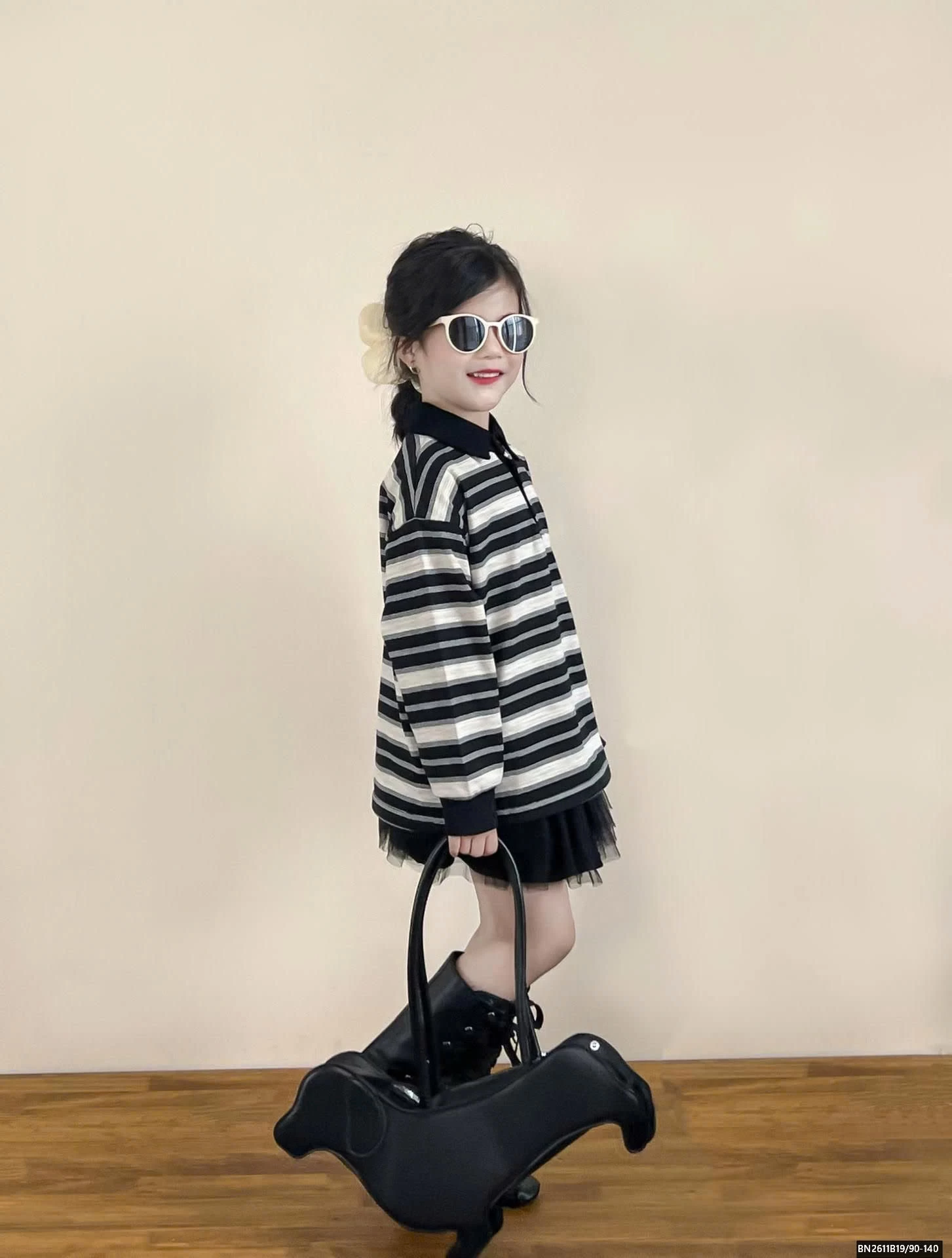 ÁO THUN KẺ POLO MIX CHÂN VÁY TUTU ĐEN