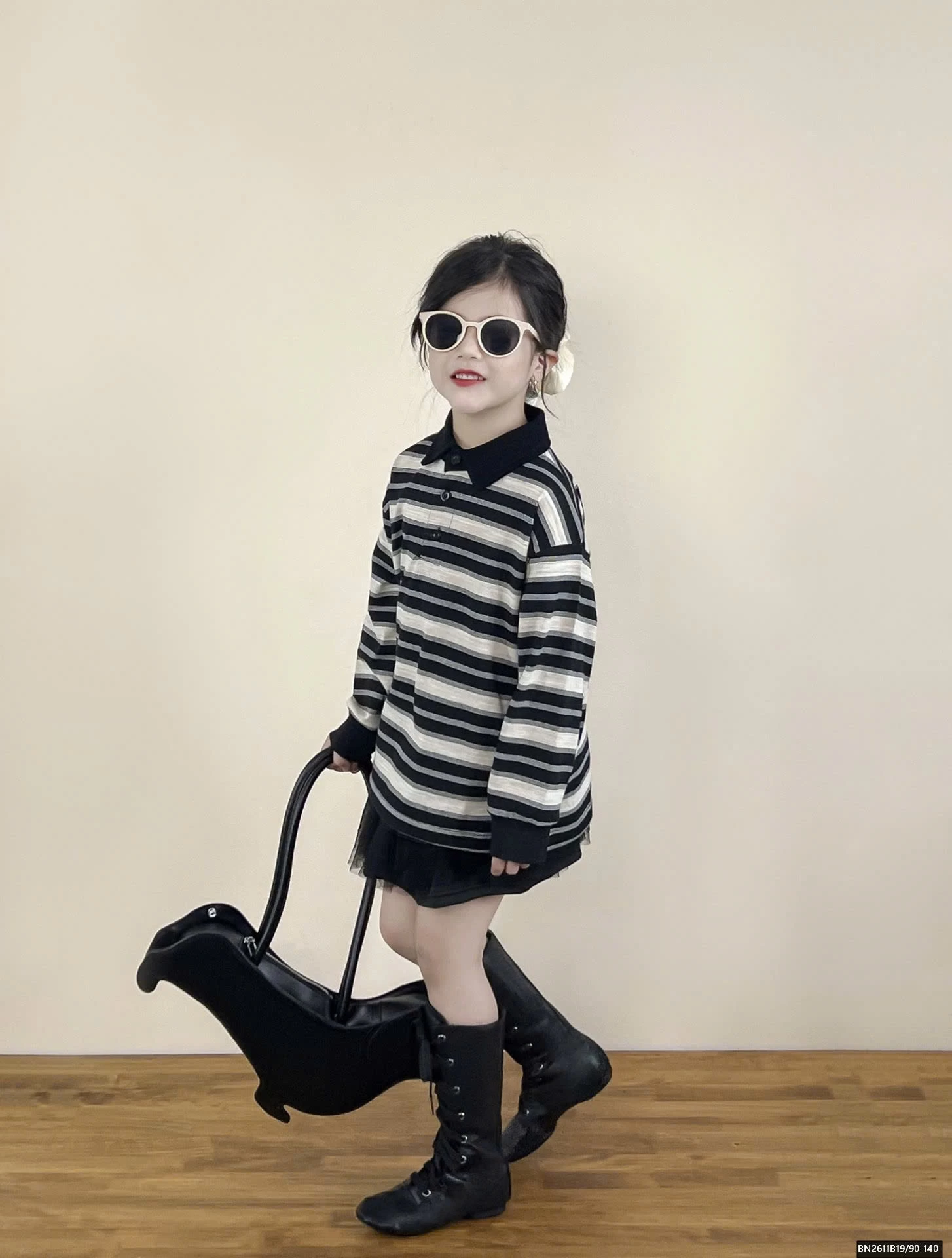 ÁO THUN KẺ POLO MIX CHÂN VÁY TUTU ĐEN