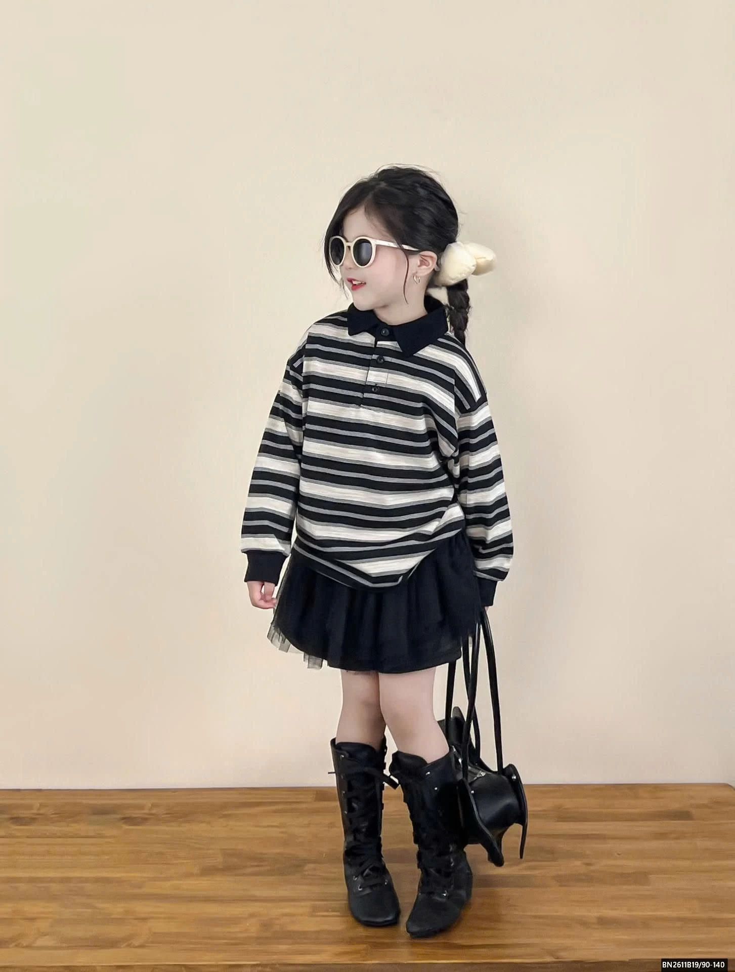 ÁO THUN KẺ POLO MIX CHÂN VÁY TUTU ĐEN