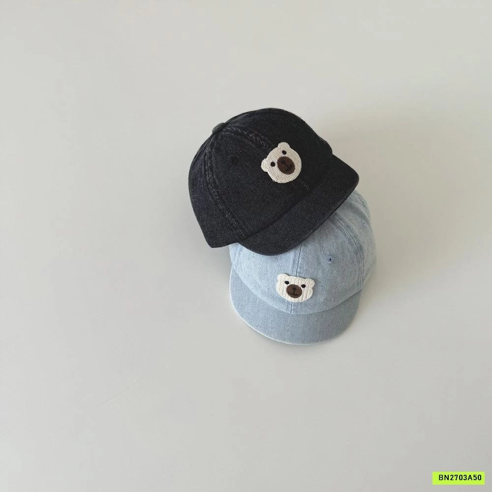 MŨ KẾT JEANS THÊU GẤU TRẮNG