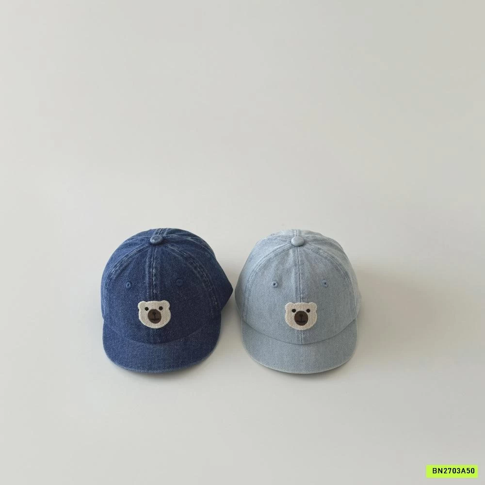 MŨ KẾT JEANS THÊU GẤU TRẮNG