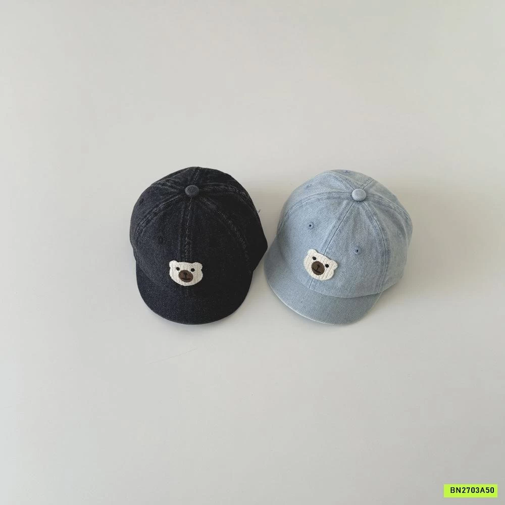 MŨ KẾT JEANS THÊU GẤU TRẮNG