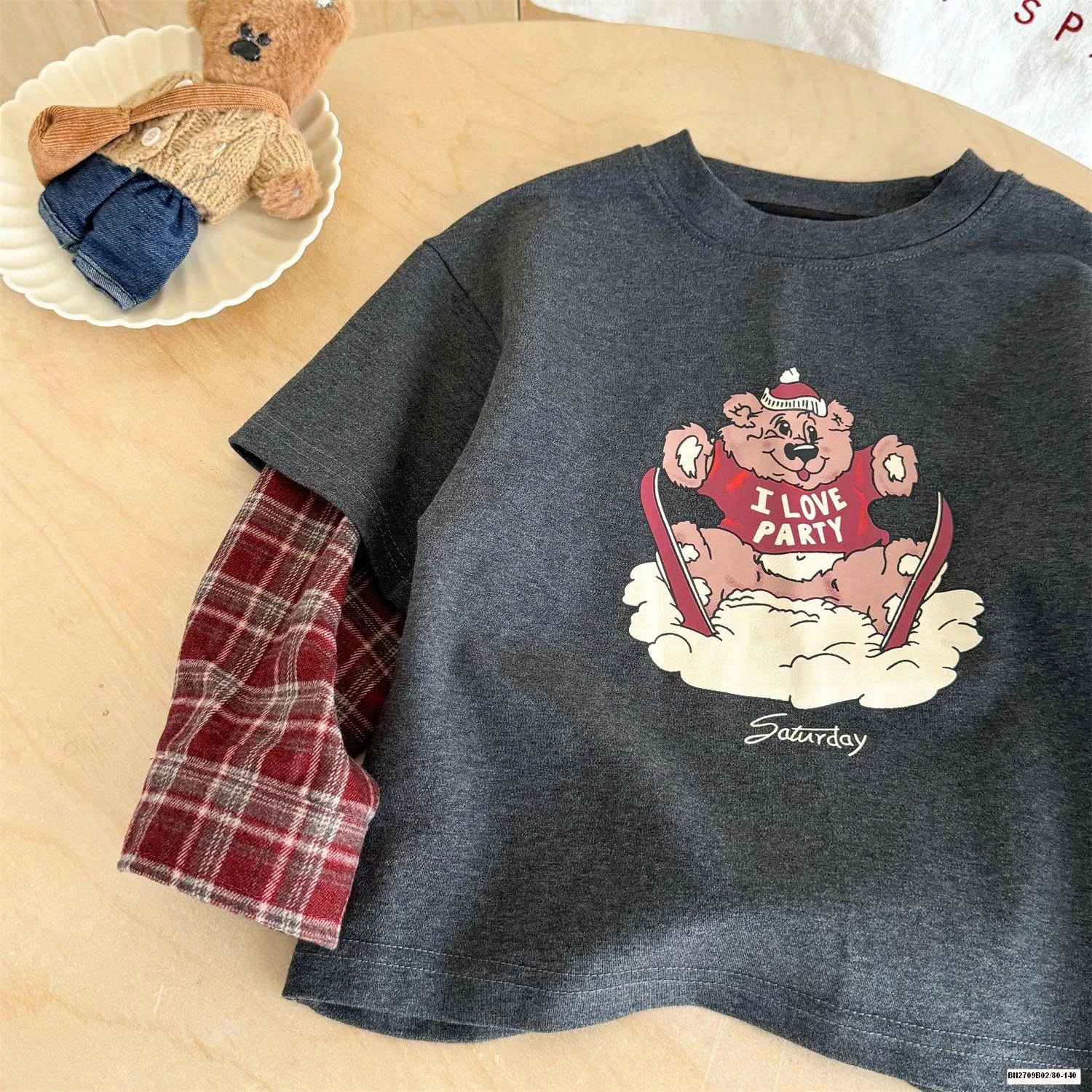 ÁO THUN GẤU PHỐI TAY CARO