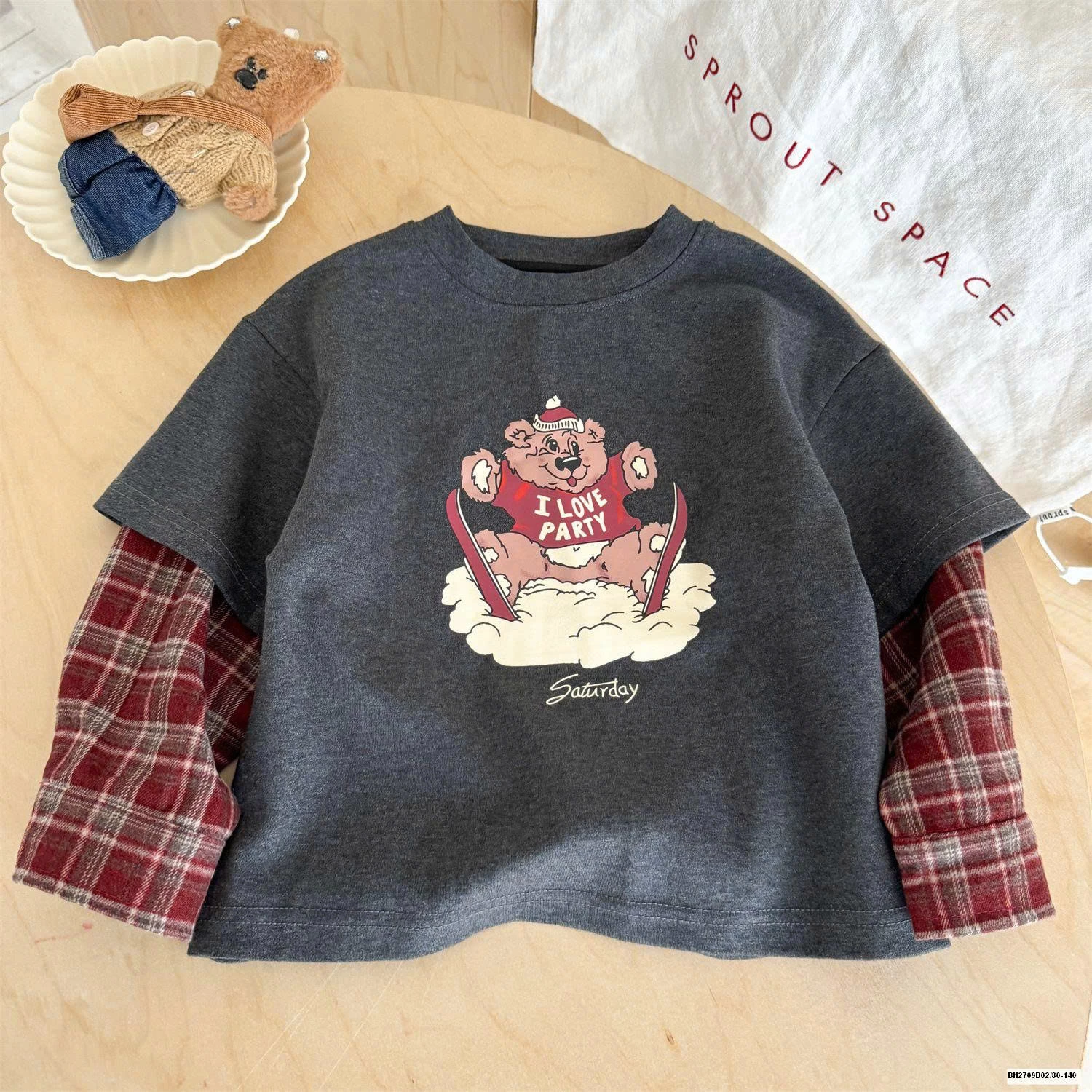 ÁO THUN GẤU PHỐI TAY CARO