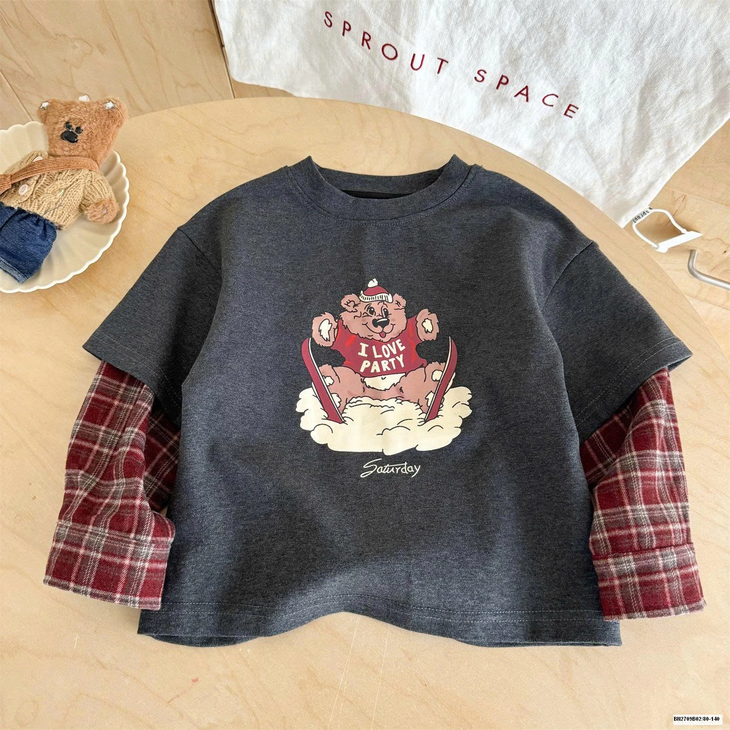 ÁO THUN GẤU PHỐI TAY CARO