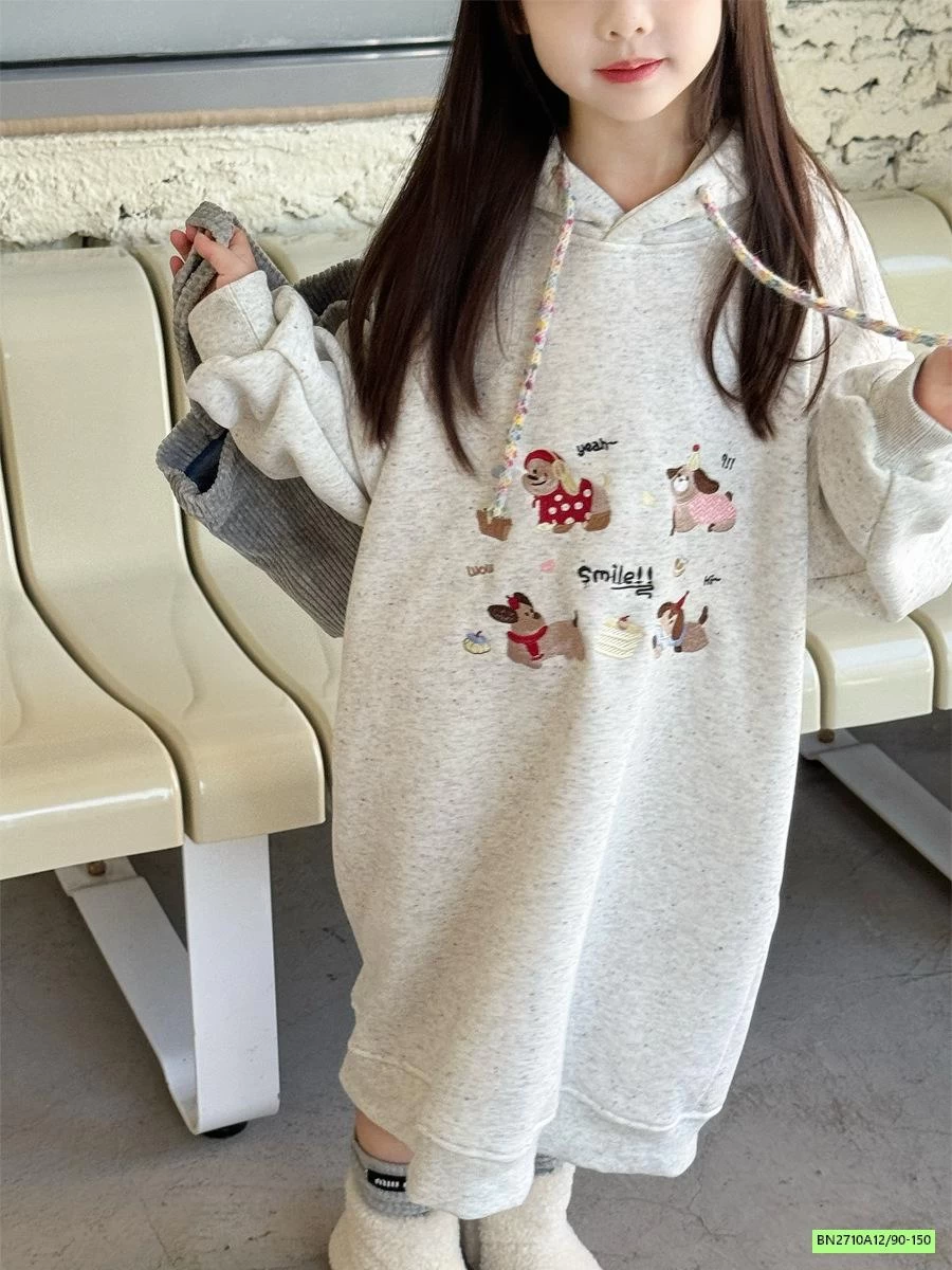 ĐẦM NỈ BÔNG SUÔNG LIỀN MŨ THÊU CÚN