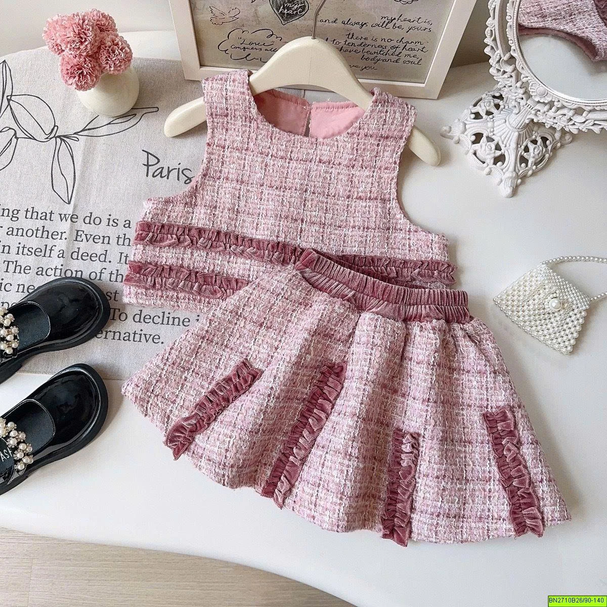 SÉT DẠ HỒNG SÁT NÁCH CHÂN VÁY XẾP LY