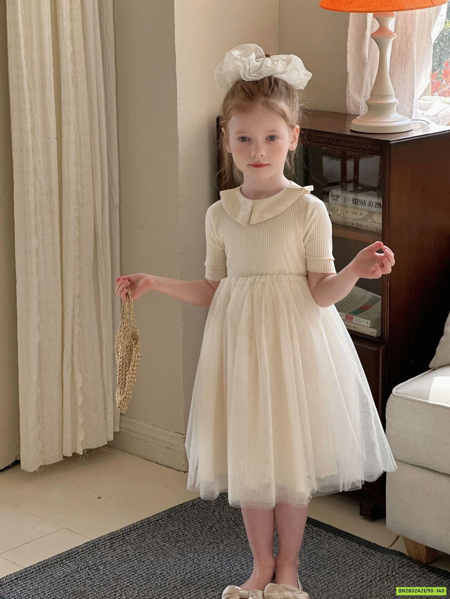 ĐẦM MONTOGHI NGẮN TAY PHỐI CHÂN VOAN