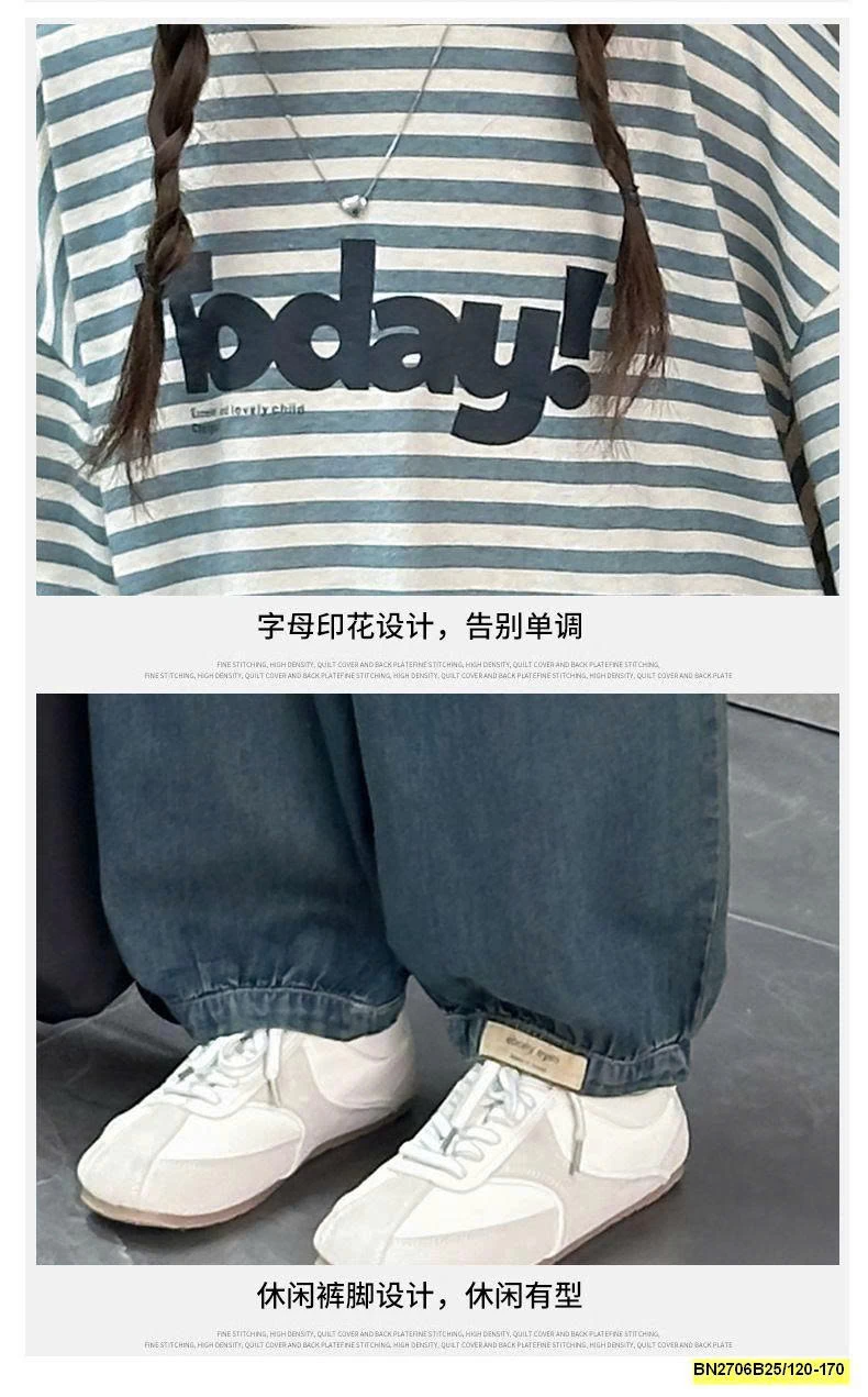 ÁO THUN KẺ MIX QUẦN DENIM BO GẤU