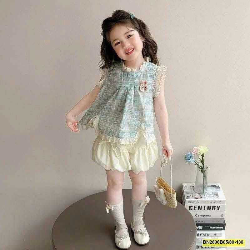 BỘ ÁO CARO XANH  QUẦN BÍ