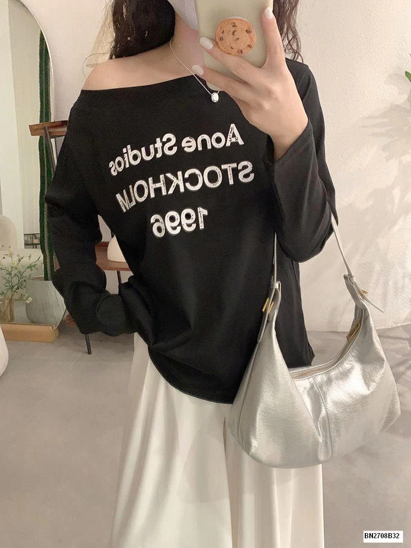 ÁO THUN IN CHỮ CỔ RỘNG HỞ VAI