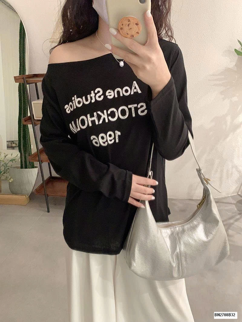 ÁO THUN IN CHỮ CỔ RỘNG HỞ VAI