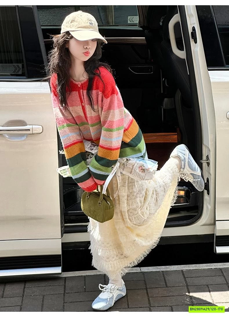 CARDIGAN KẺ SẮC MÀU MIX CV REN