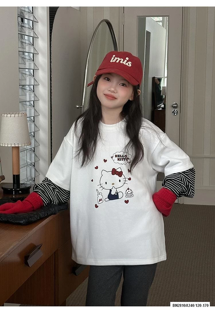 ÁO NỈ KITTY GIẢ 2 LỚP TAY KẺ