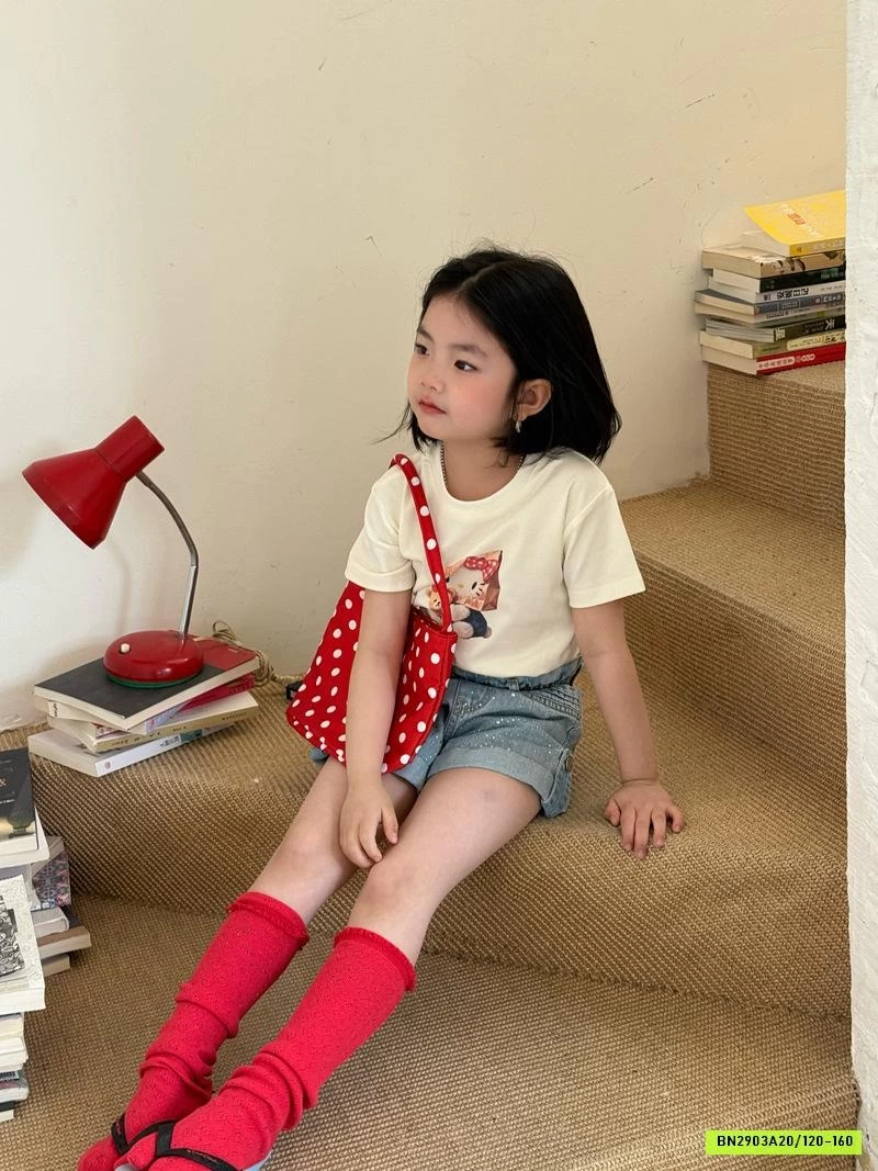 ÁO THUN KITTY MIX SHORT JEANS ĐÍNH ĐÁ