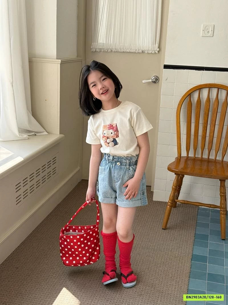 ÁO THUN KITTY MIX SHORT JEANS ĐÍNH ĐÁ